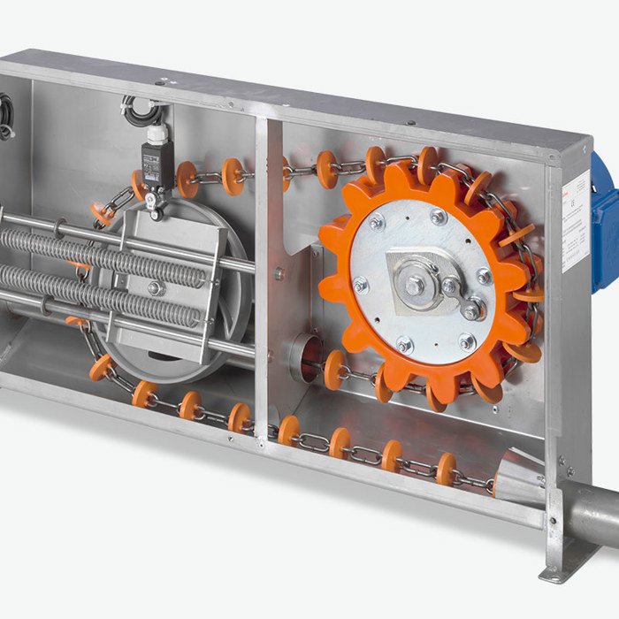 chain disc feed drive unit with spring tensioner